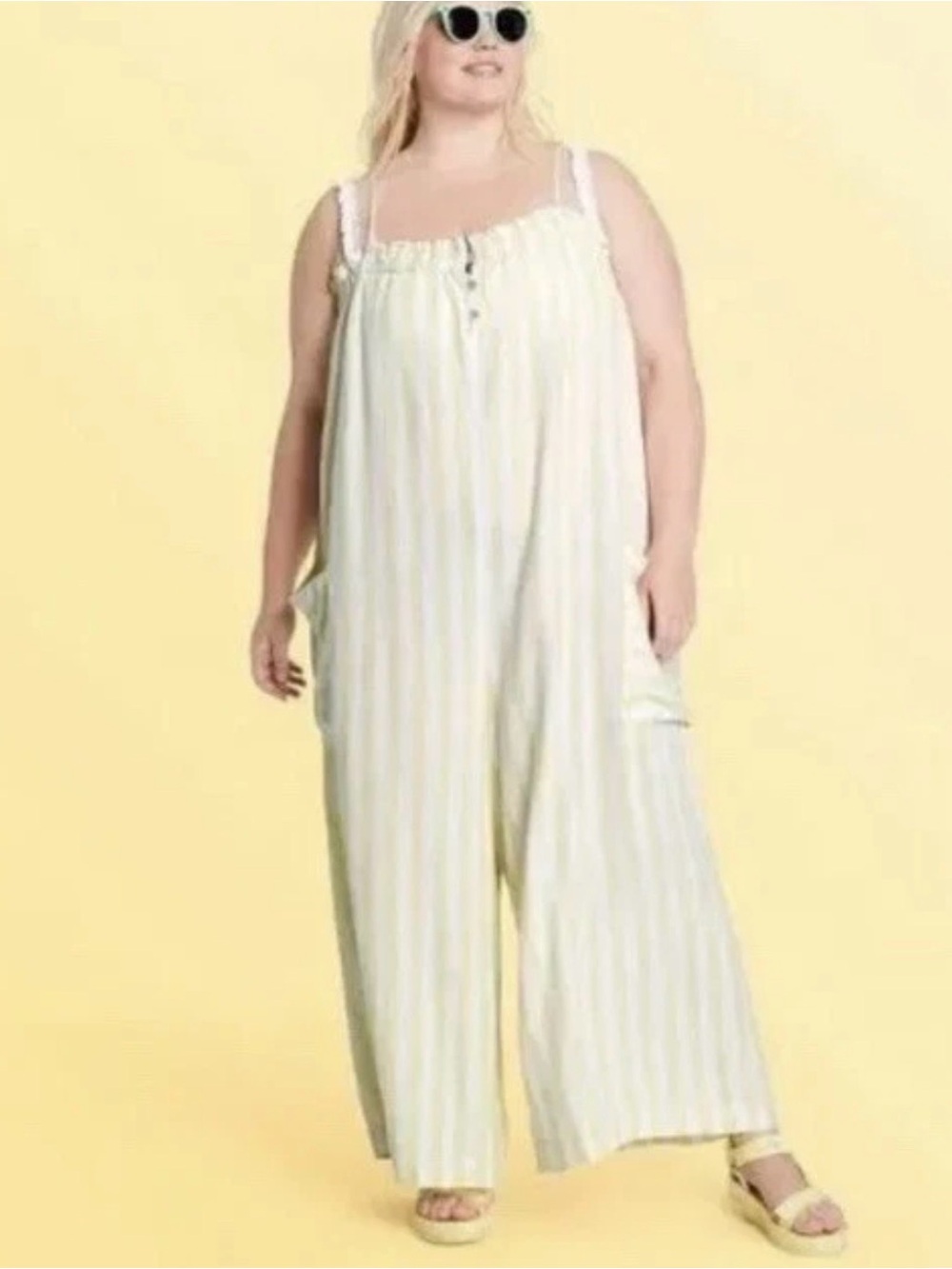 Striped Wide-Leg Sleeveless Jumpsuit - Cream & Pale Yellow Stoney Clover Land 3X